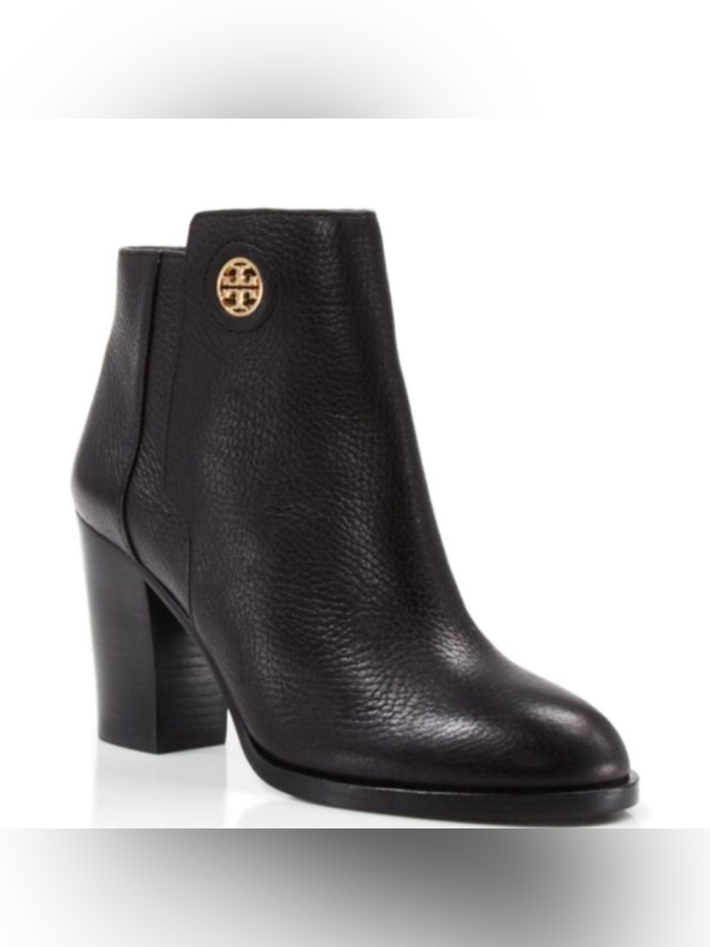 Tory Burch Junction Black Pebbled Leather Ankle Boot Gold Logo Size 7.5 MSRP 395